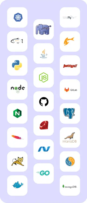 Stos technologiczny na Cloudlets.Zone - PHP, Ruby, Node.js, Python’a, JAVA, Go Lang i NET. Wdrożenia z repozytoriów GIT i SVN. Wtyczki: Maven, Eclipse, NetBeans, IntelliJ IDEA, Ant. Narzędzia: RedMine, osTicket, ownCloud, Minio, Plesk, Jira, Jenkins.